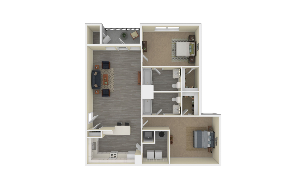 3D Furnished Floorplan - 2-Bedroom