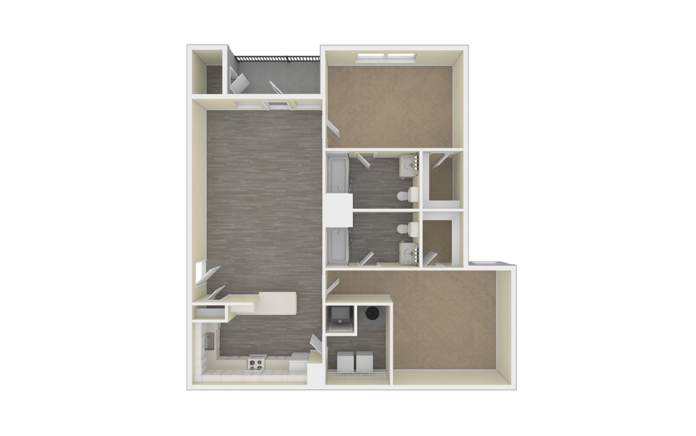 3D Unfurnished Floorplan - 2-Bedroom