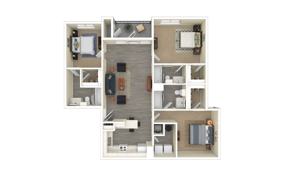 3D Furnished Floorplan - 3-Bedroom