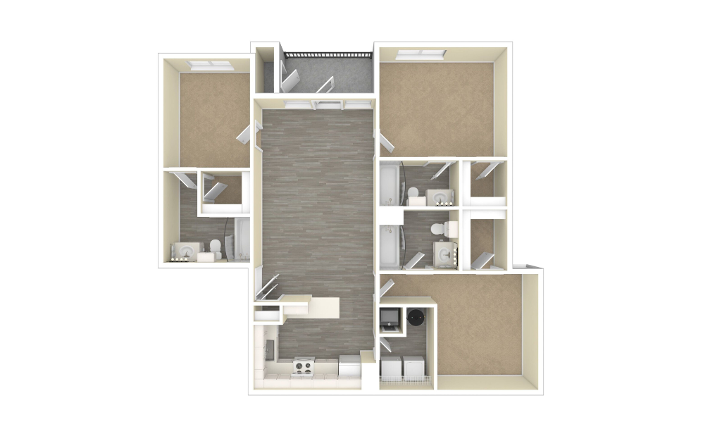 3D Unfurnished Floorplan - 3-Bedroom