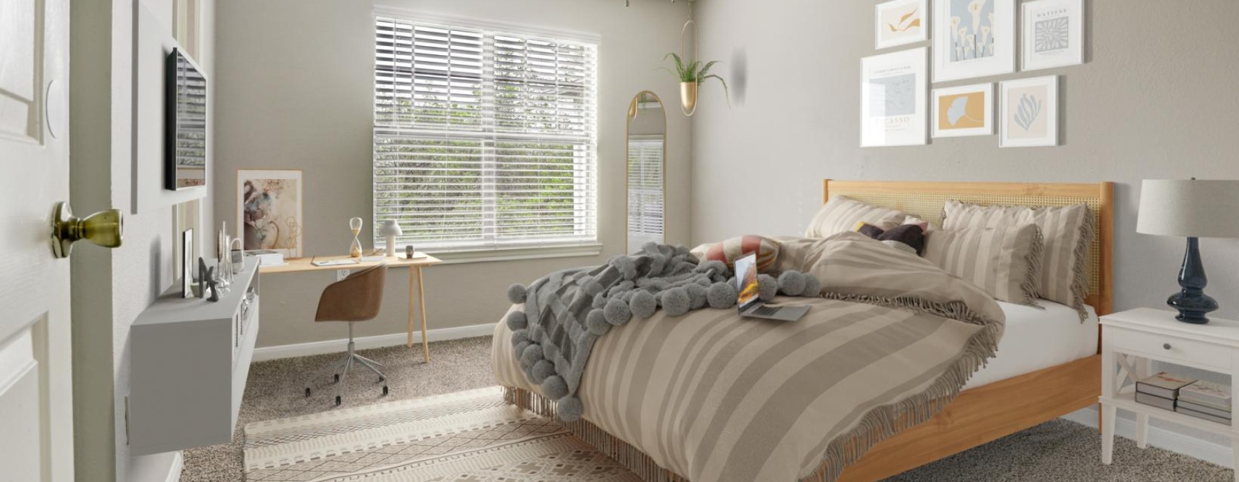 a bedroom with a bed and a fan